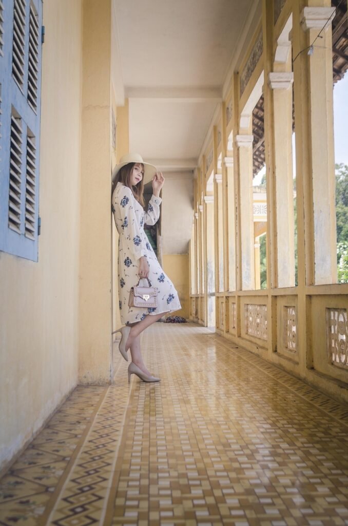 girl, house, dress, high heels