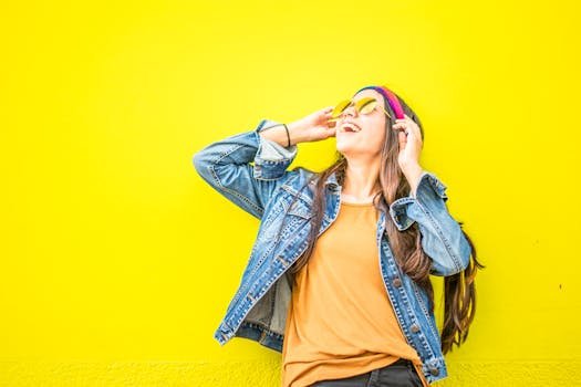 Inicio Smiling woman in sunglasses stands against vibrant yellow wall, radiating happiness.